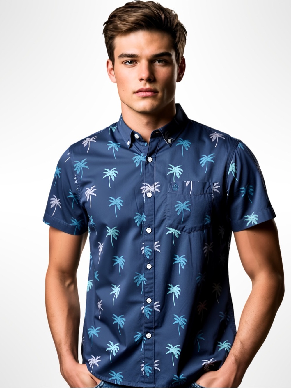 Original Penguin NWT Men’s M Navy Blue Linen Palm Tree Short Sleeve Shirt